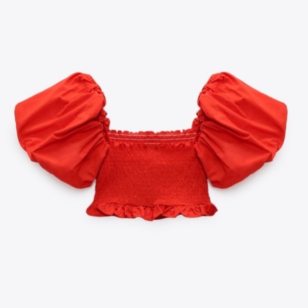 NWT Zara Red Puff Sleeve Smocked Crop Top Medium